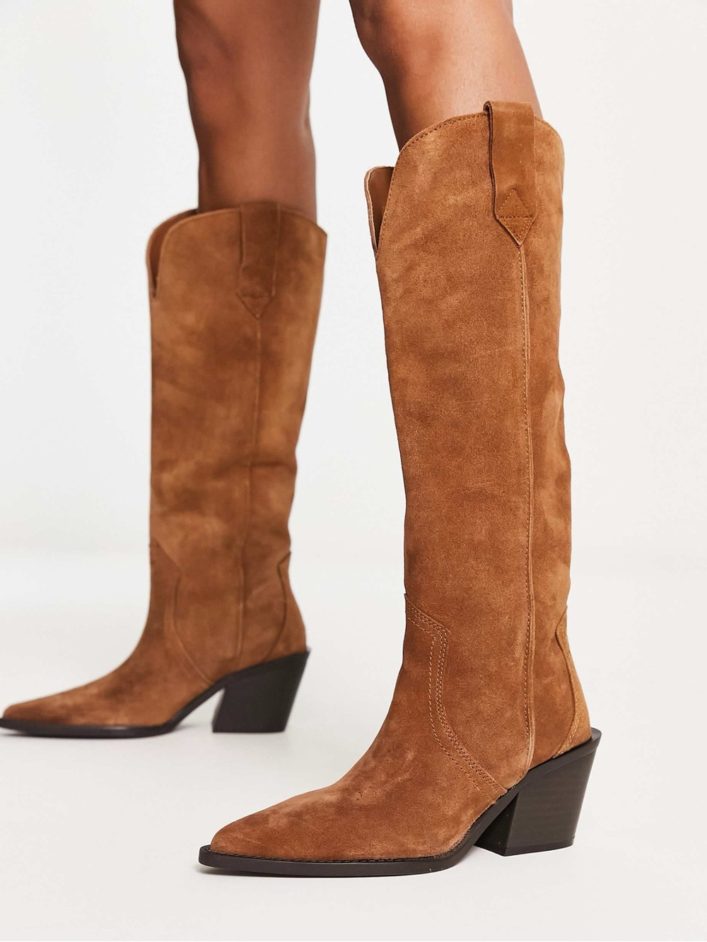 Suede Knee-High Western Boots in Cognac Brown